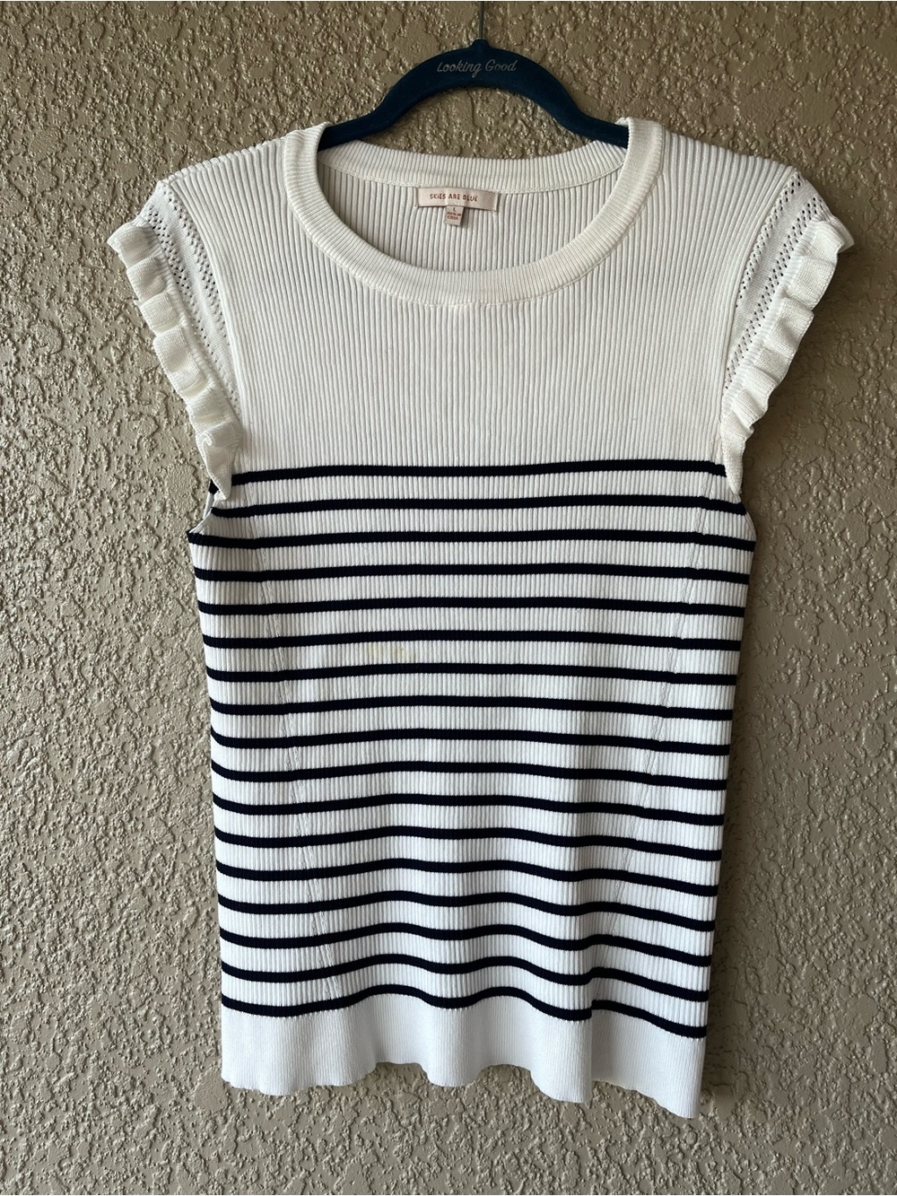 Rib Knit White Navy Stripe Knit Ruffle Sleeve Top